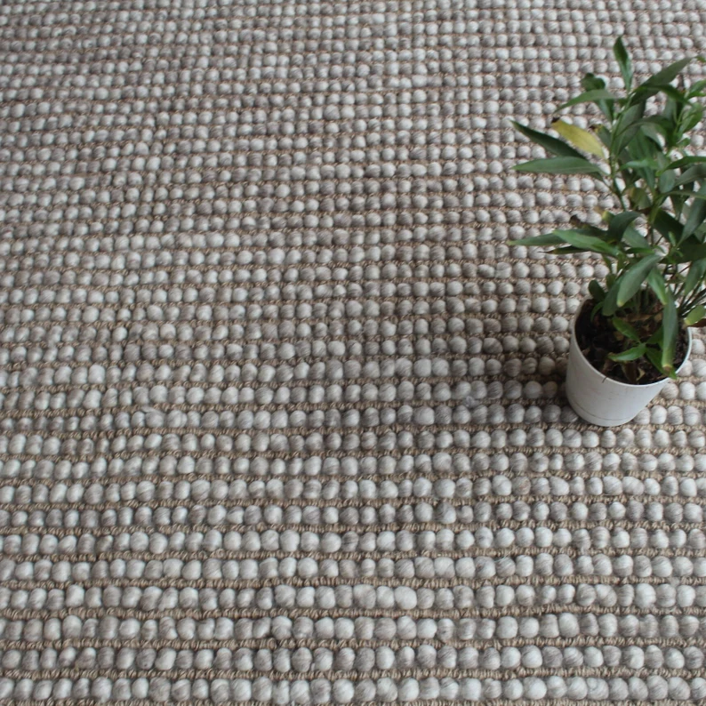 "Sahara Pebble Weave Wool Rug – Handwoven Minimalist Texture in Taupe & Ivory"