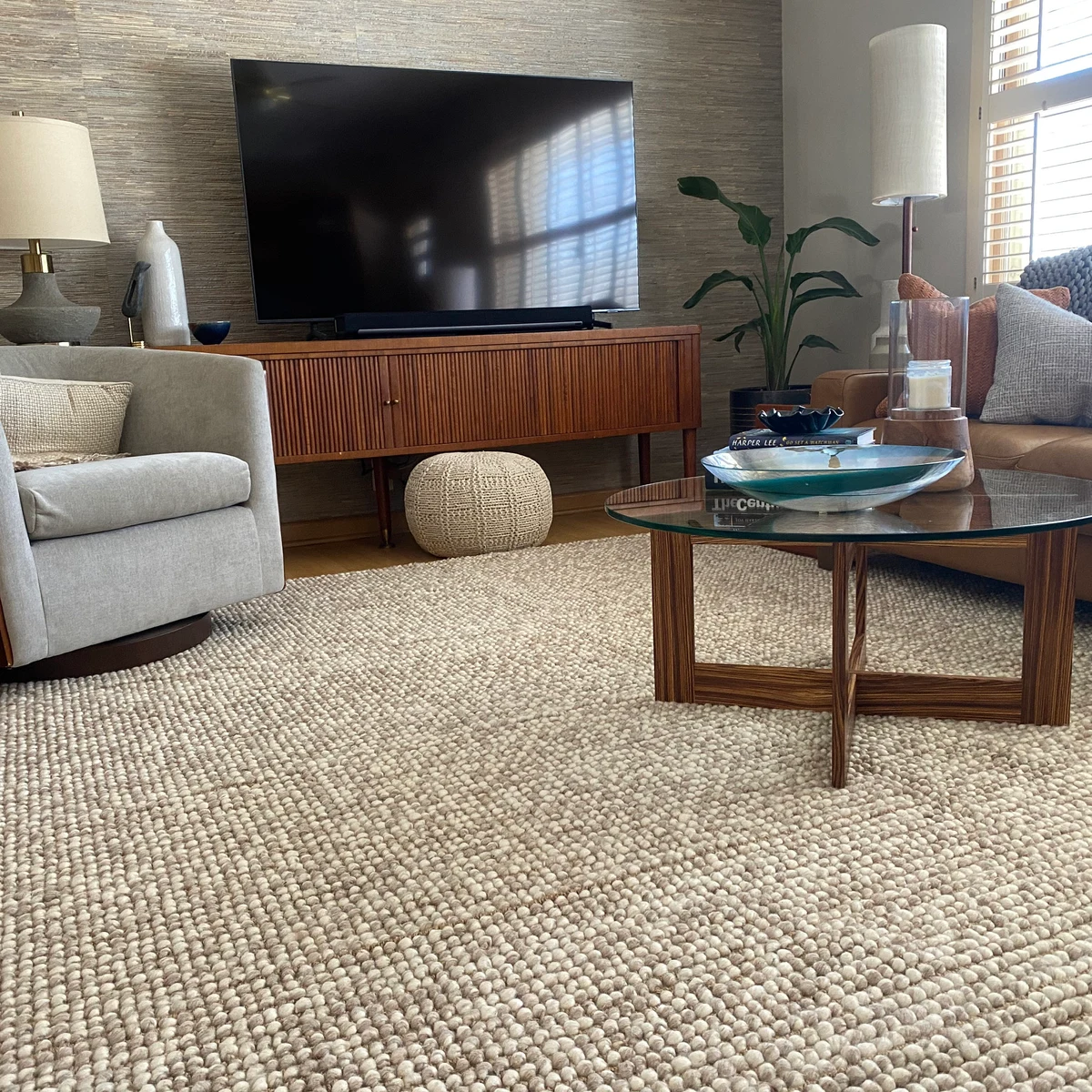 "Sahara Pebble Weave Wool Rug – Handwoven Minimalist Texture in Taupe & Ivory"
