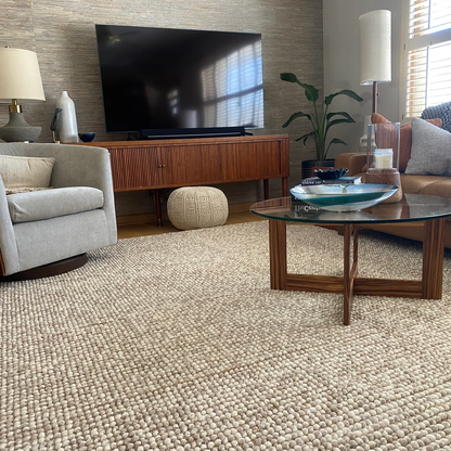 "Sahara Pebble Weave Wool Rug – Handwoven Minimalist Texture in Taupe & Ivory"